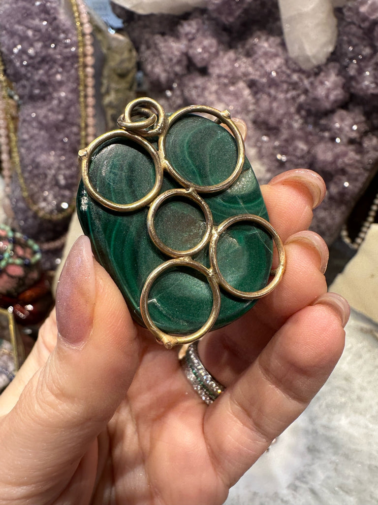 Natural Large Malachite & 14k Gold Pendant