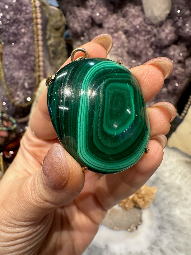 Natural Large Malachite & 14k Gold Pendant