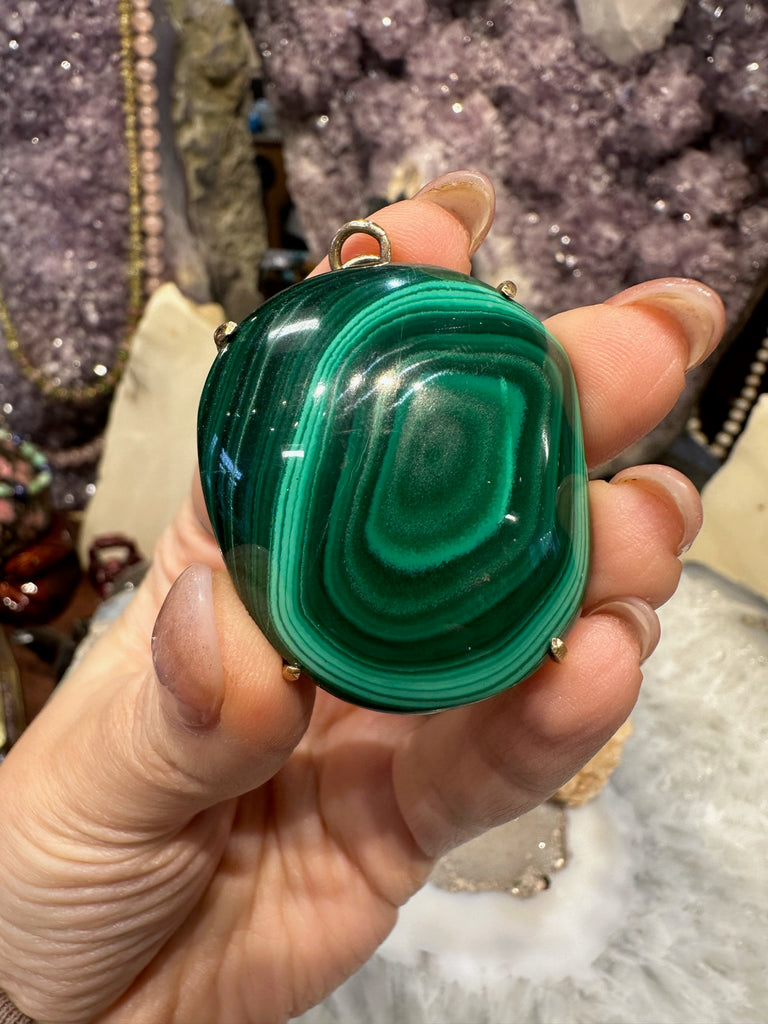 Natural Large Malachite & 14k Gold Pendant