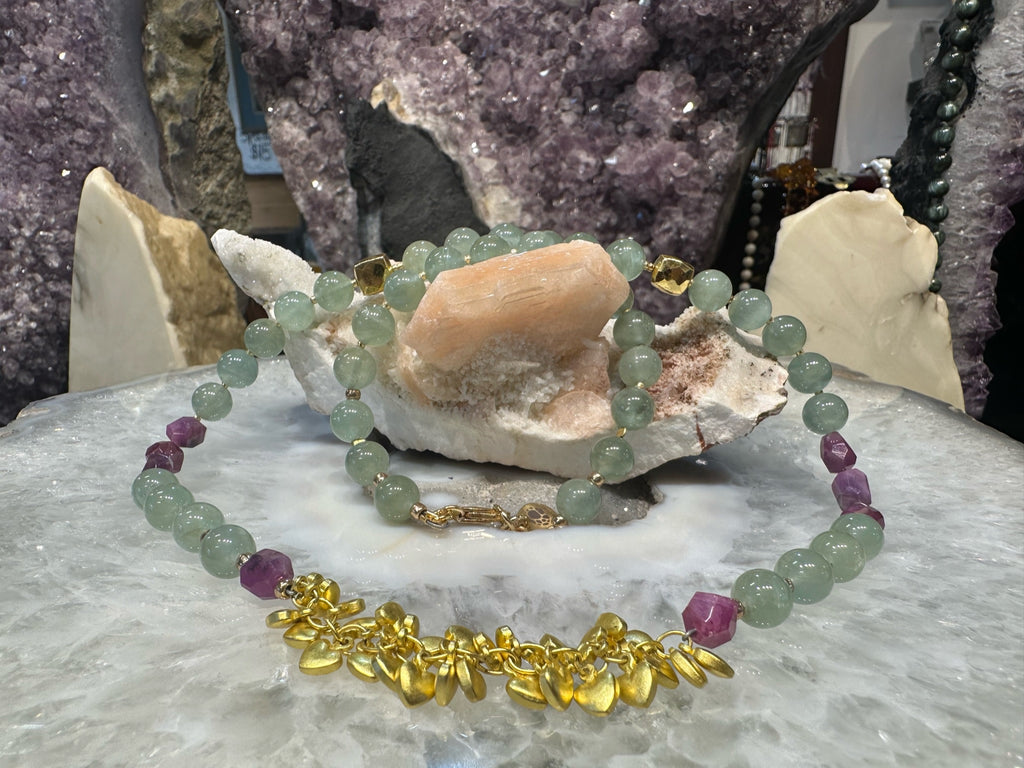 Beautiful Green Aquamarine, Faceted Ruby & Pyrite Gemstone Necklace