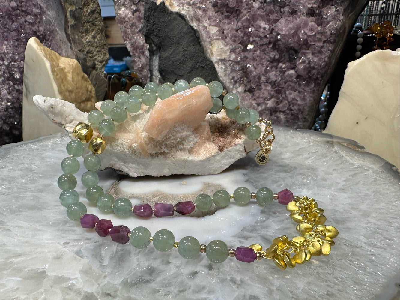 Beautiful Green Aquamarine, Faceted Ruby & Pyrite Gemstone Necklace