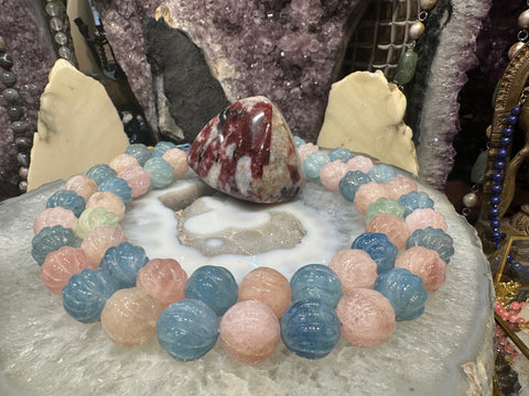 17mm Blue Aquamarine and Pink Morganite Mixed beryl carved Melonball gemstone beads