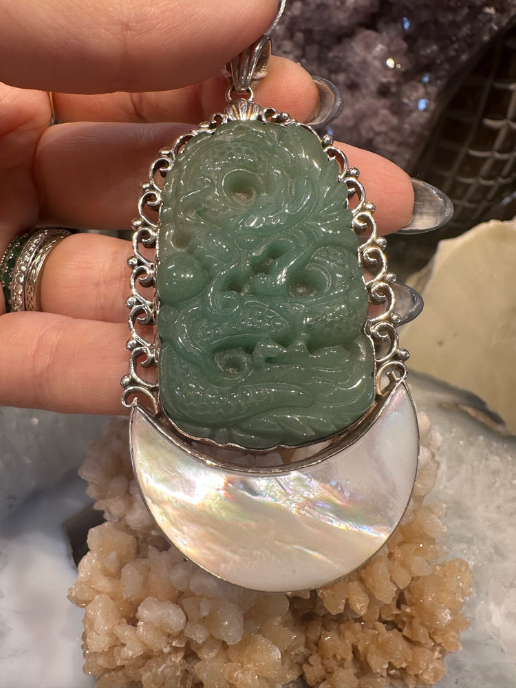 Handmade Natural Carved Aventurine Dragon Carving Sterling Silver Pendant