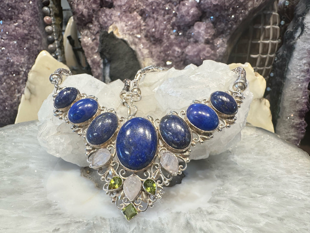 Gorgeous Nepal Natural Lapis, White Moonstone & Peridot Necklace