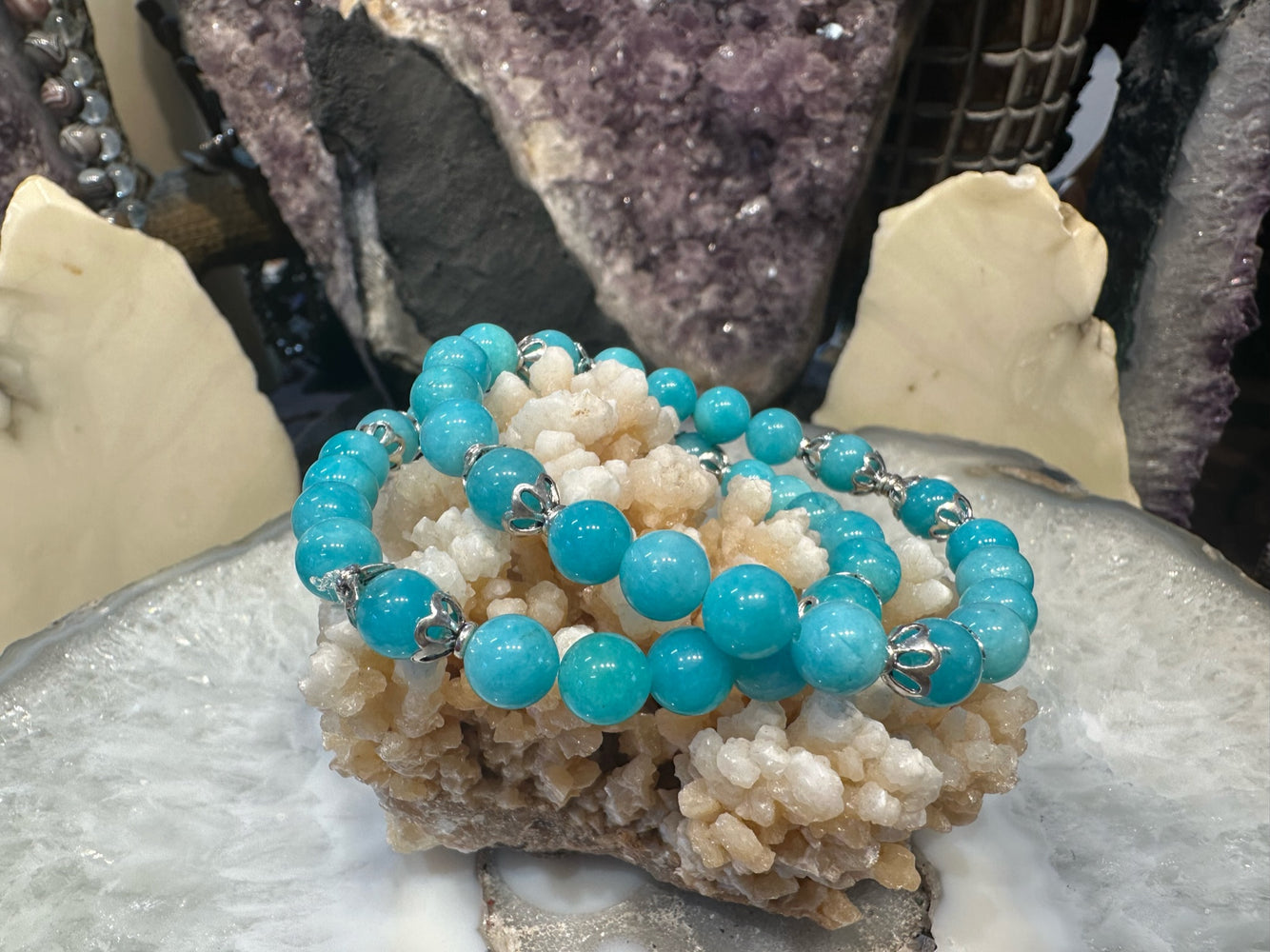 Deep Peruvian Aqua Amazonite & Sterling Silver 8mm round gemstone bracelet