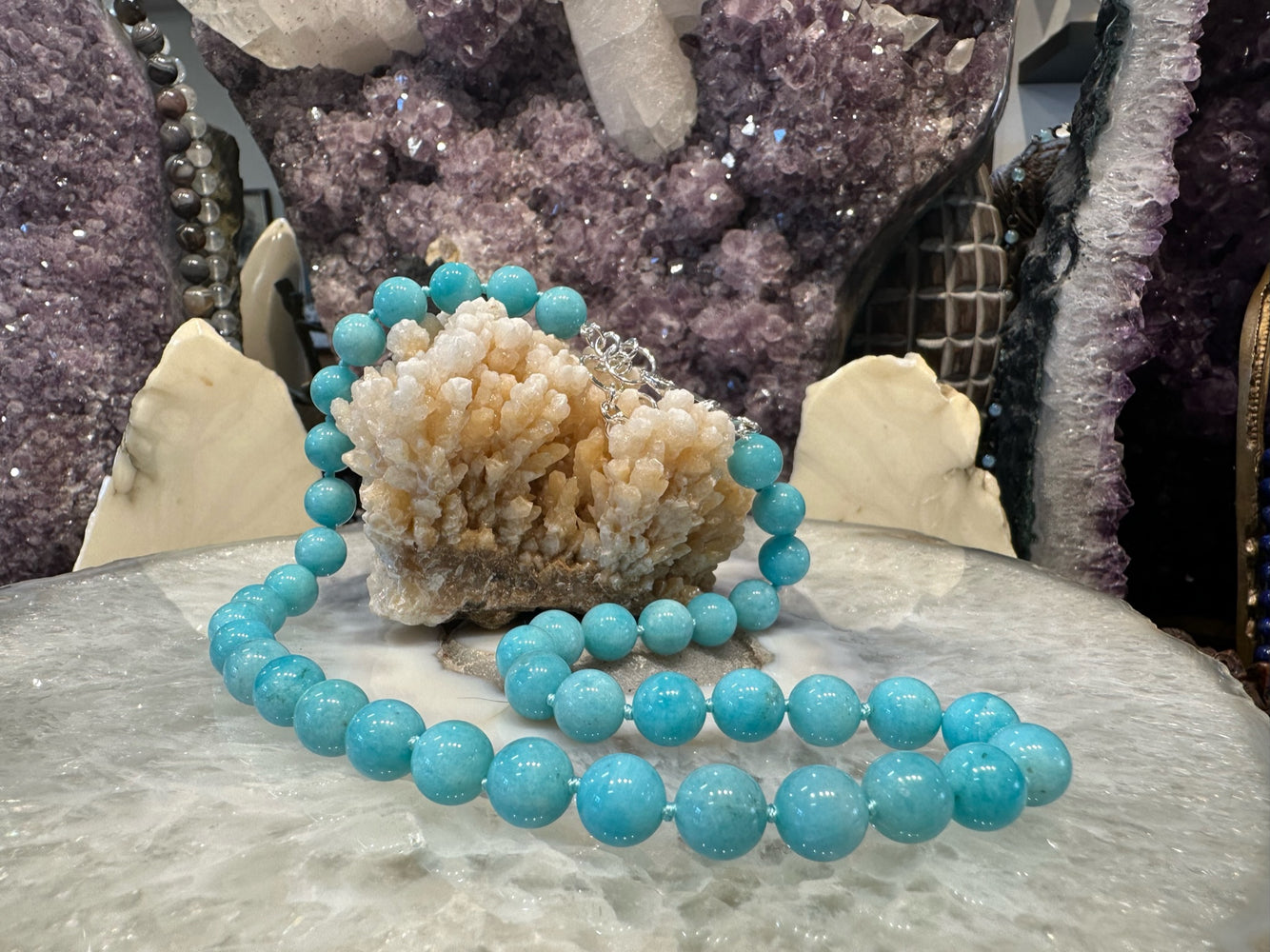 Peruvian Amazonite Round Knotted Gemstone Necklace 10mm