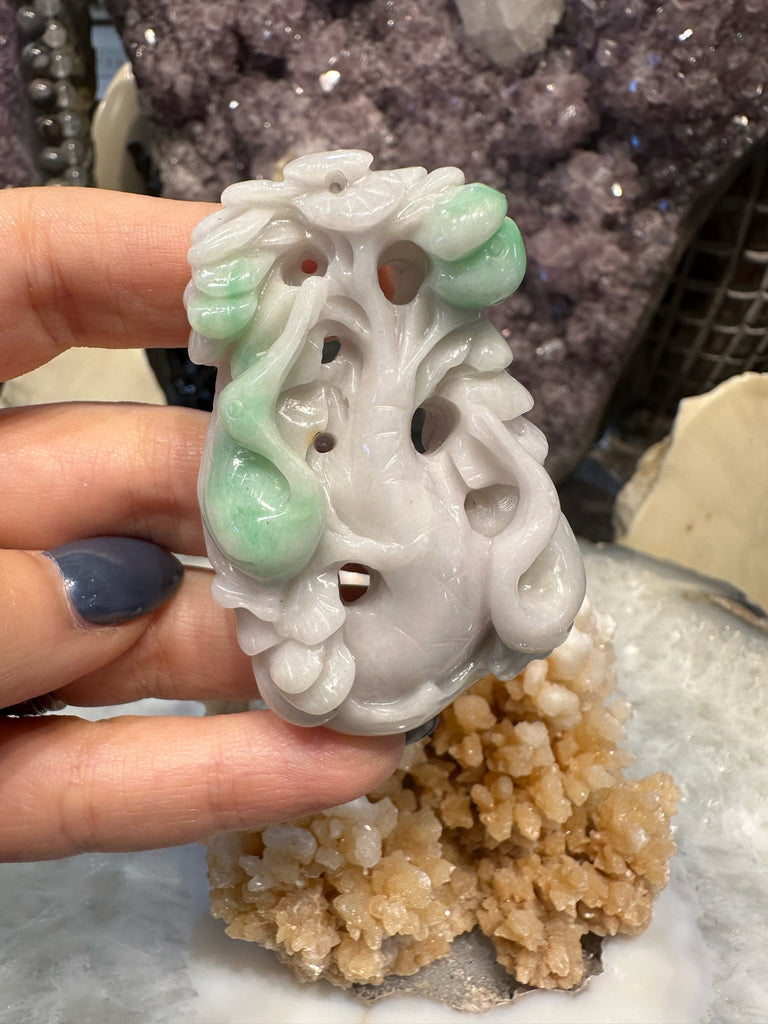 Vintage Carved Lucky Tree Motif Burma Lavender Green jadeite jade gemstone pendant