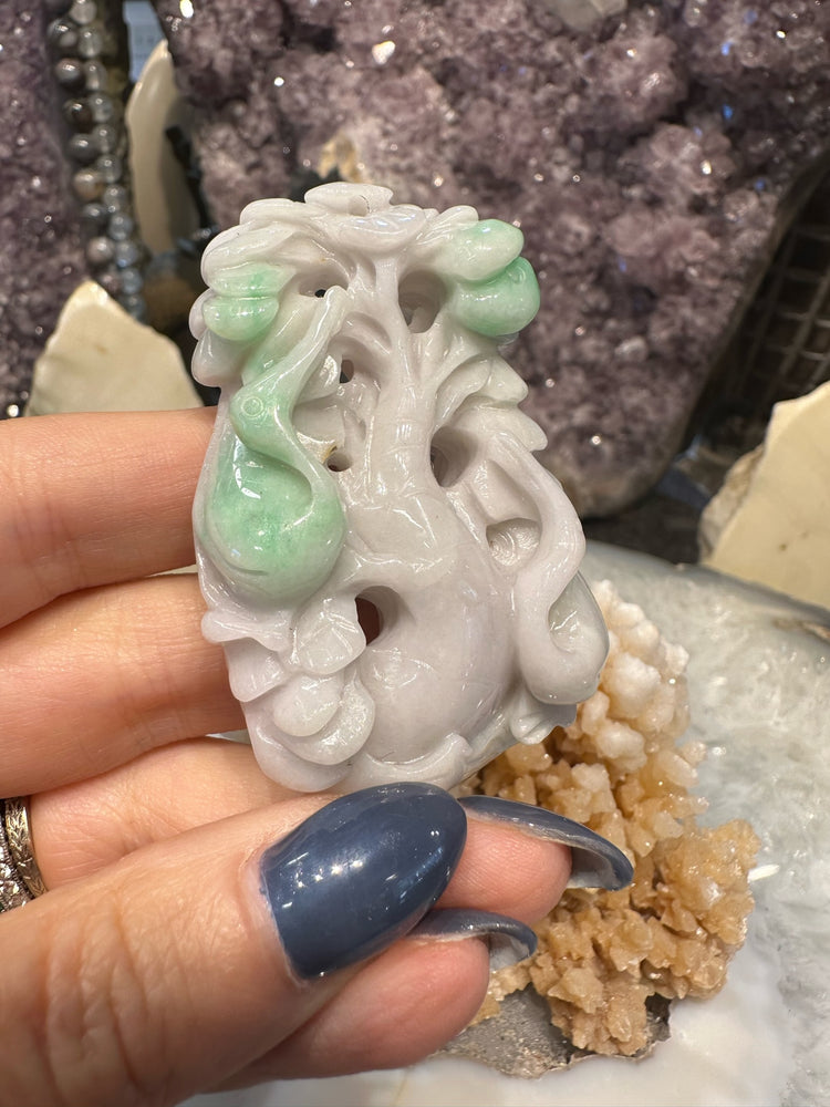 Vintage Carved Lucky Tree Motif Burma Lavender Green jadeite jade gemstone pendant