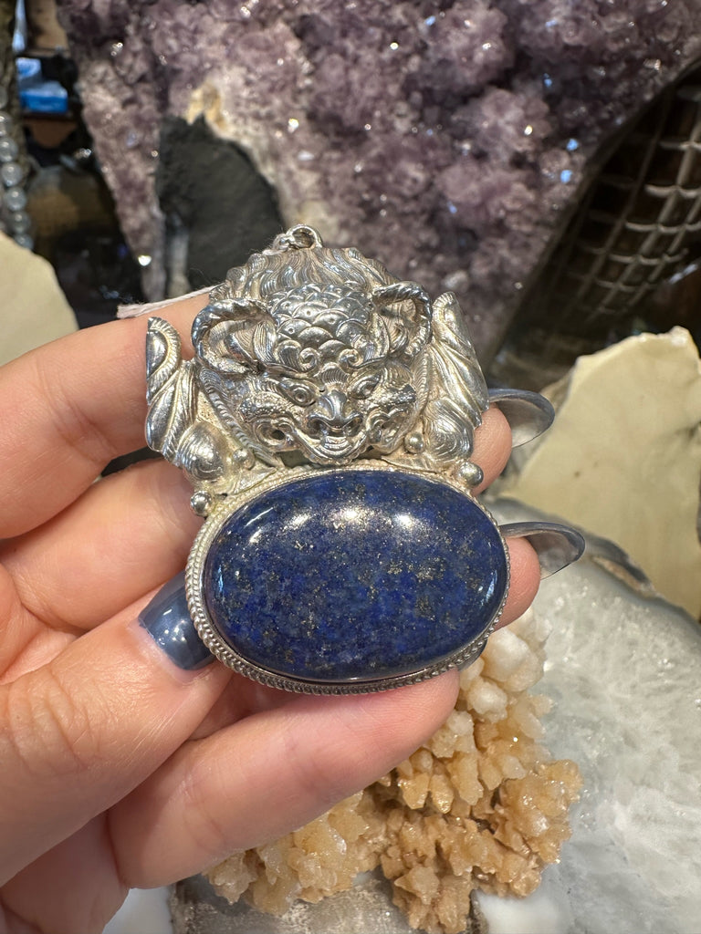 Stunning Mythical Creature & Large Lapis Lazuli Silver Pendant from Nepal