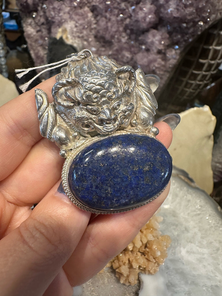 Stunning Mythical Creature & Large Lapis Lazuli Silver Pendant from Nepal