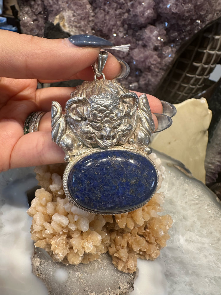 Stunning Mythical Creature & Large Lapis Lazuli Silver Pendant from Nepal