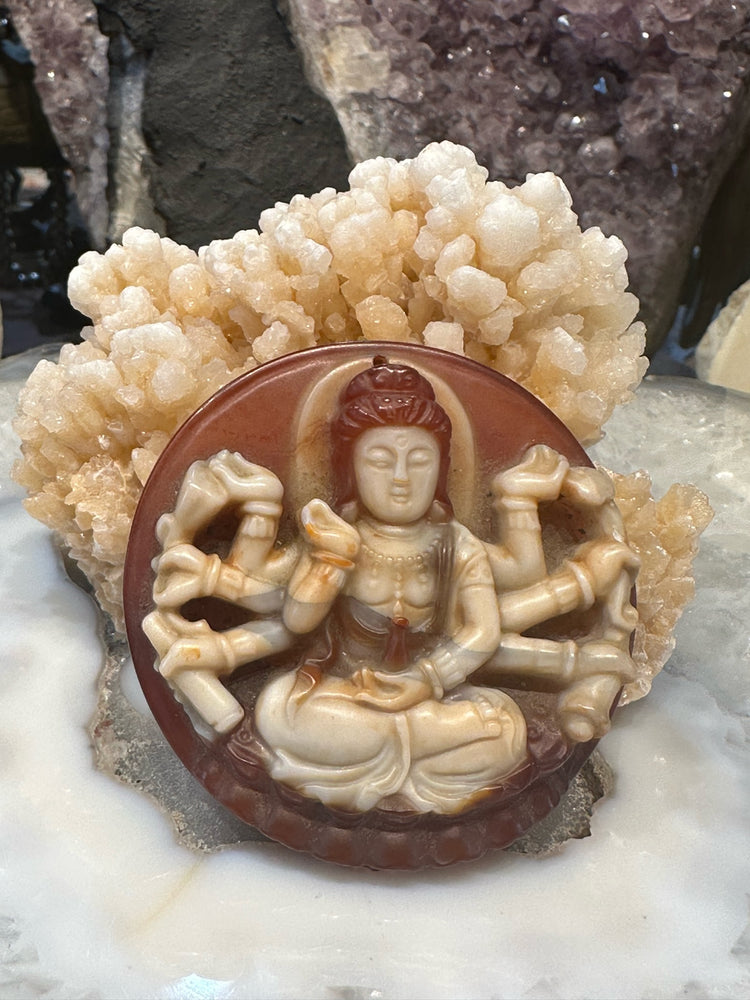 Stunning Carved Nepal Avalokiteshvara Orange White Chalocedony Pendnt