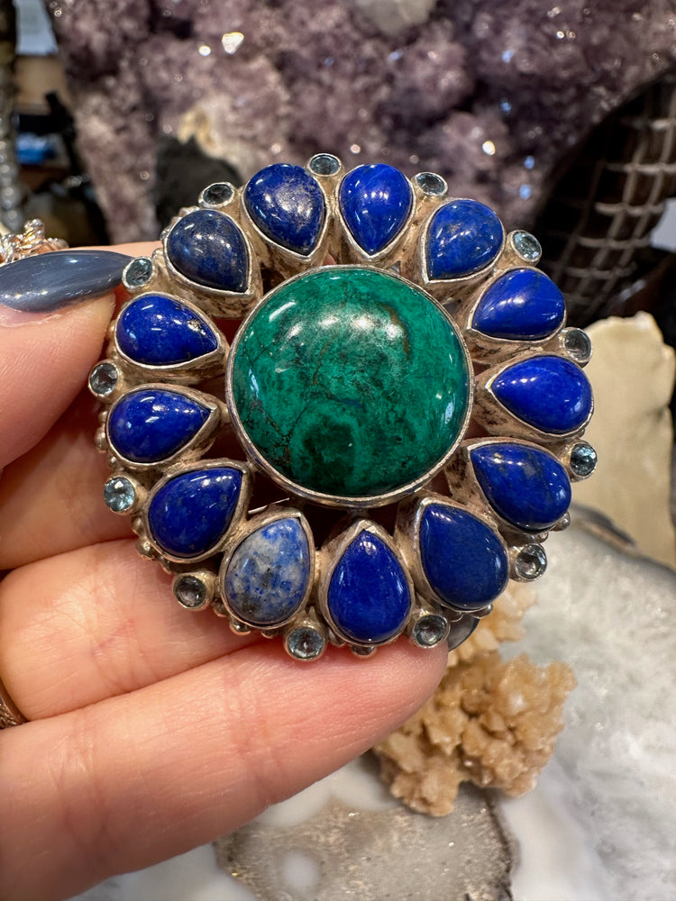 Stunning Inlaid Chrysocolla,  Lapis Lazuli, Blue Topaz Sterling Silver Nepal Pendant