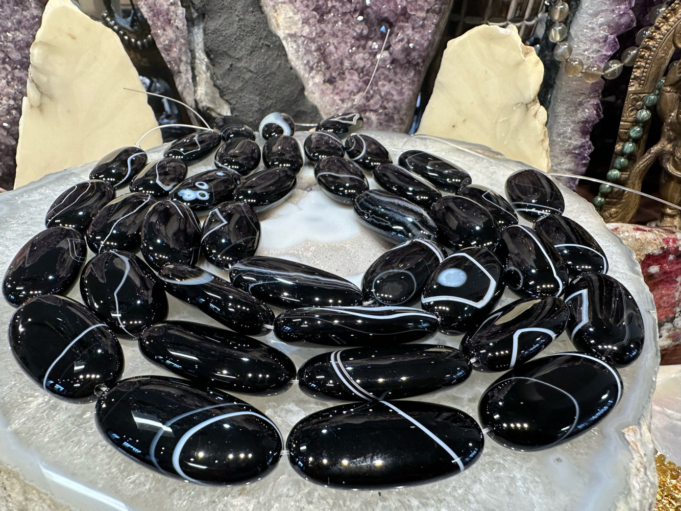 Beautiful Thick Black Banded Agate Oval Gemstone Beads