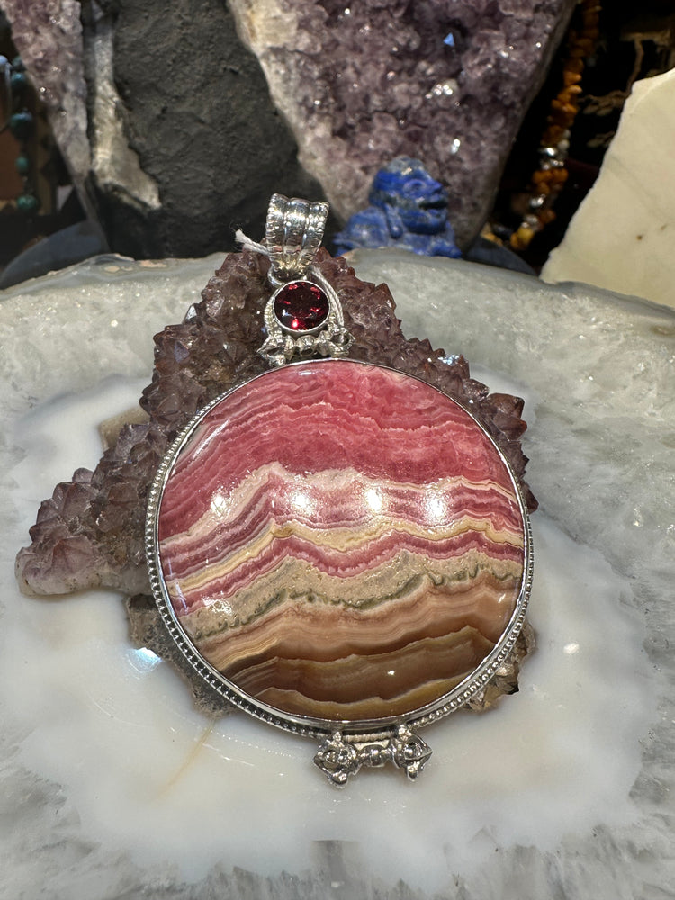 Rhodochrosite & garnet sterling silver Nepal pendant