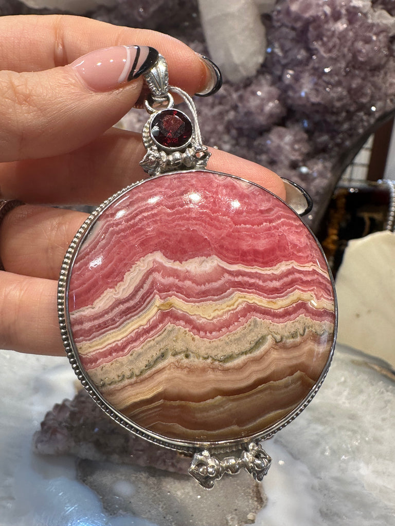 Rhodochrosite & garnet sterling silver Nepal pendant