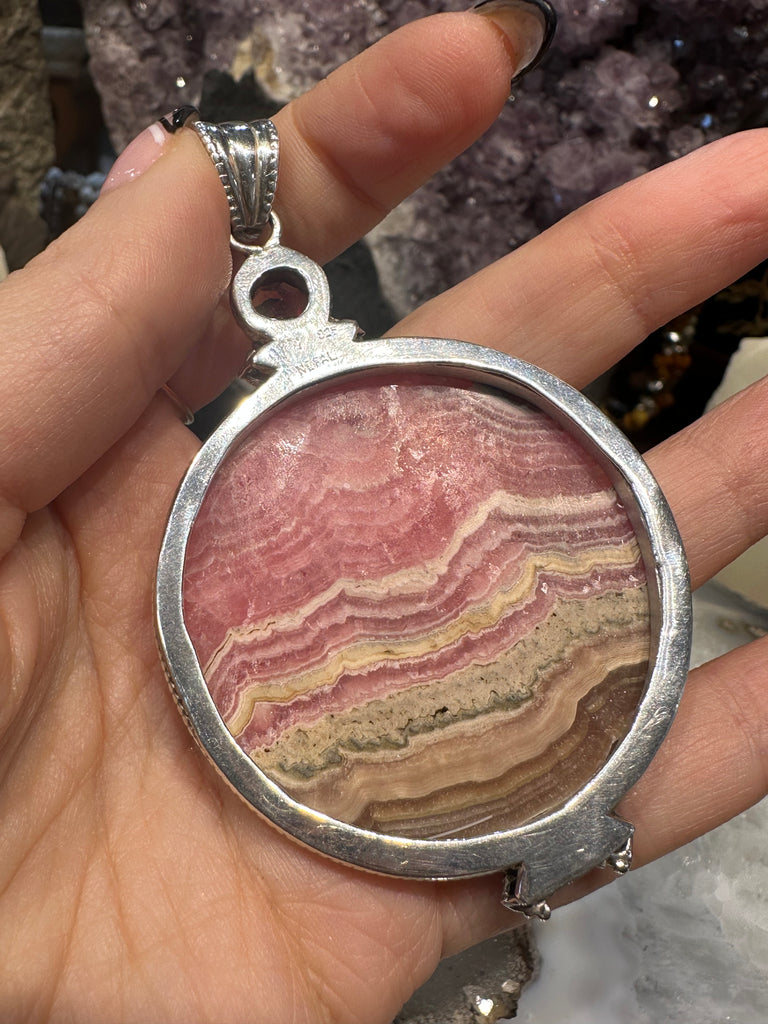 Rhodochrosite & garnet sterling silver Nepal pendant