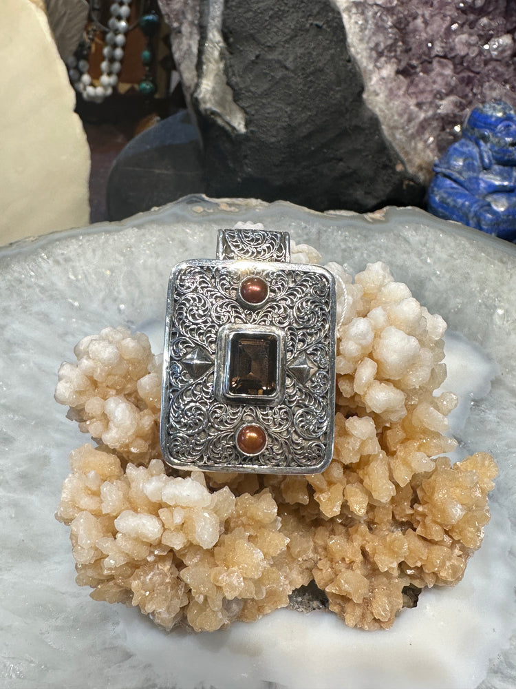 Rectangle Smoky quartz & pearl Nepal sterling silver gemstone pendant