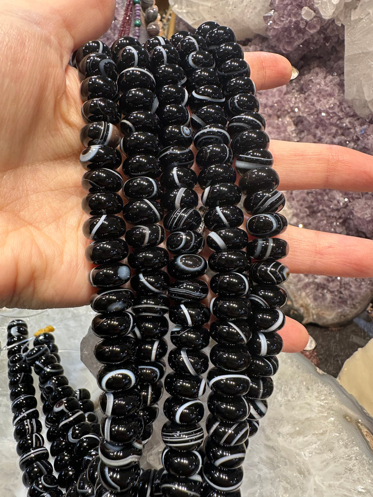 Banded black agate 12mm smooth rondelle gemstone beads