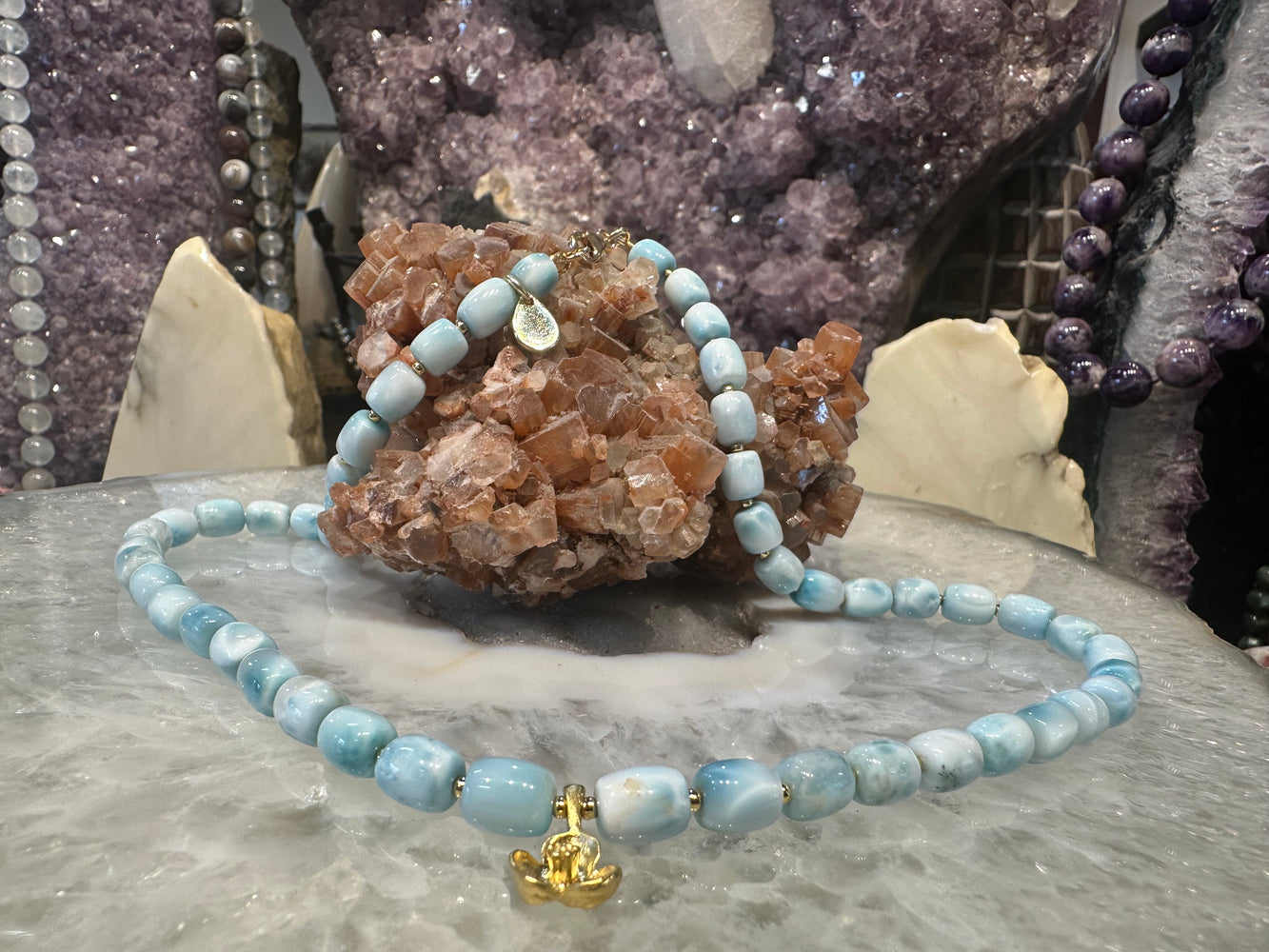 Stunning Natural Blue Larimar Barrel Gemstone Bead Necklace