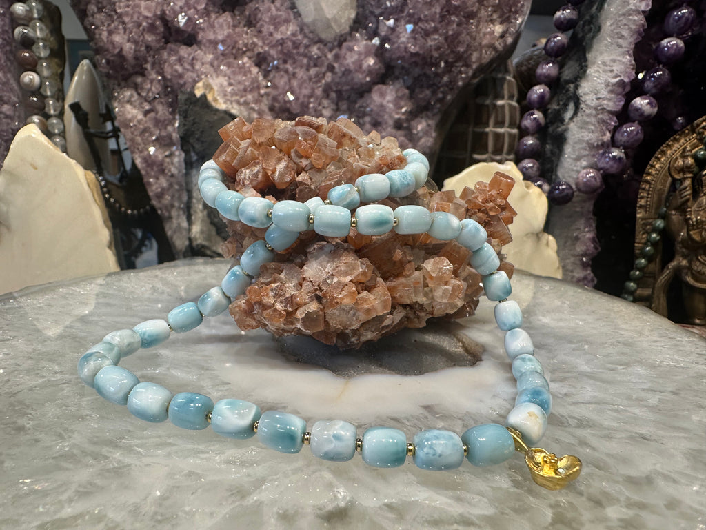 Stunning Natural Blue Larimar Barrel Gemstone Bead Necklace