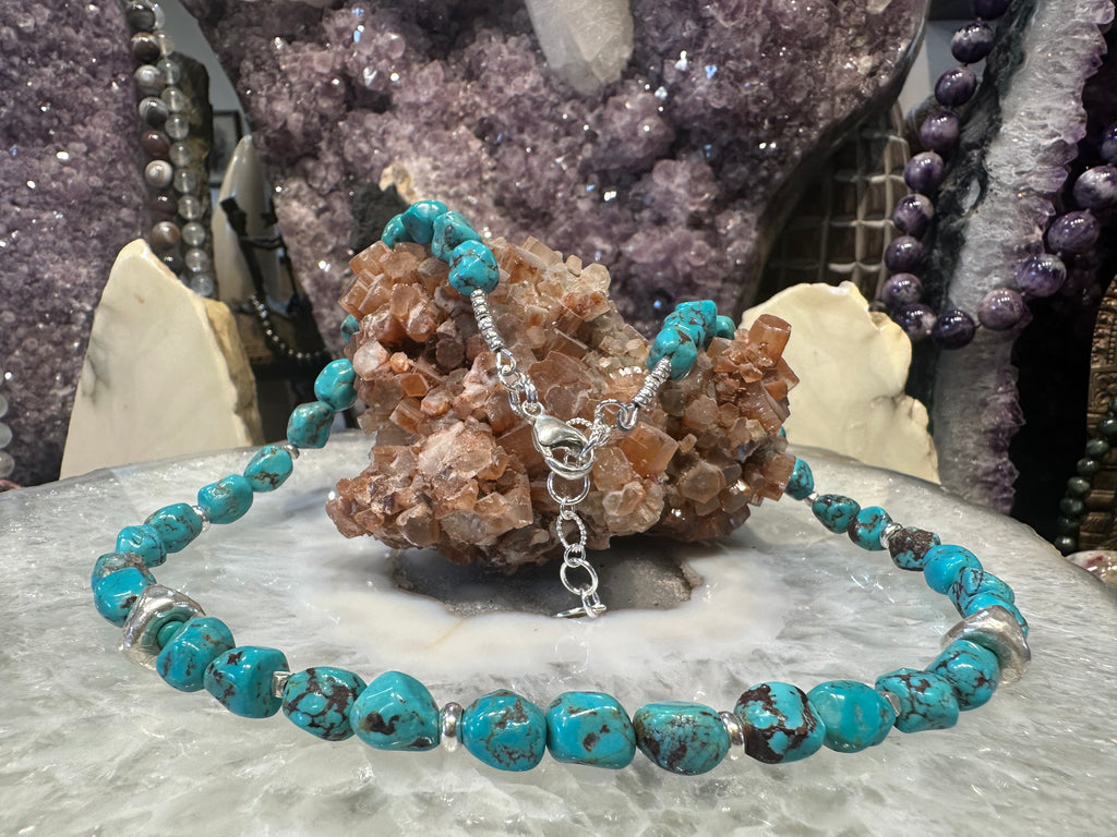 Beautiful Natural Turquoise Nugget Gemstone Necklace with Sterling Beads