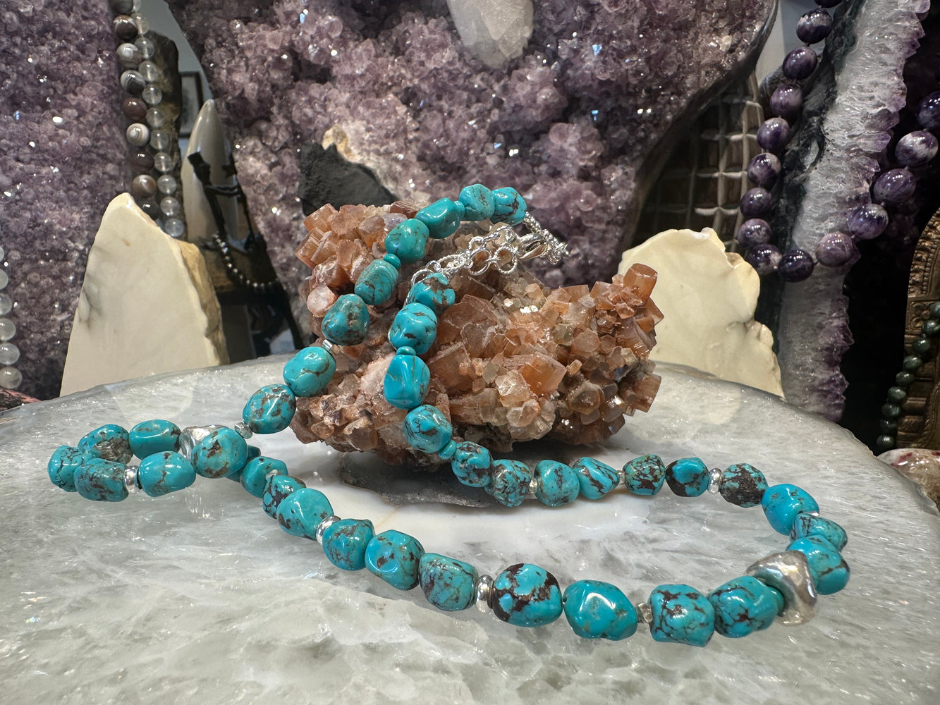 Beautiful Natural Turquoise Nugget Gemstone Necklace with Sterling Beads