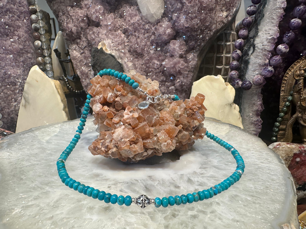 Beautiful Natural Turquoise Rondelle Gemstone Necklace with Sterling Beads