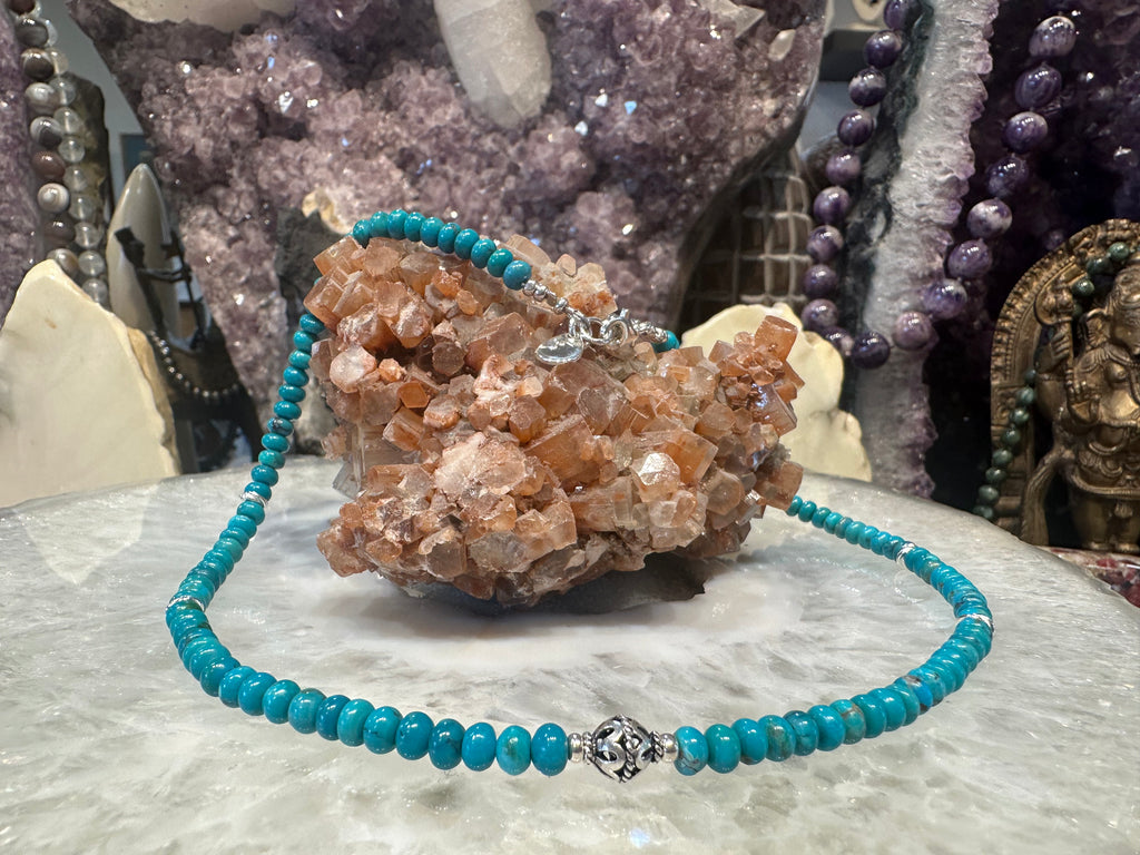 Beautiful Natural Turquoise Rondelle Gemstone Necklace with Sterling Beads