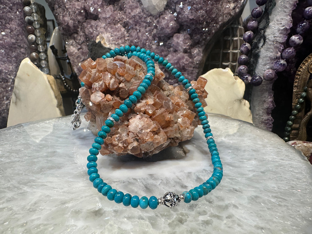 Beautiful Natural Turquoise Rondelle Gemstone Necklace with Sterling Beads