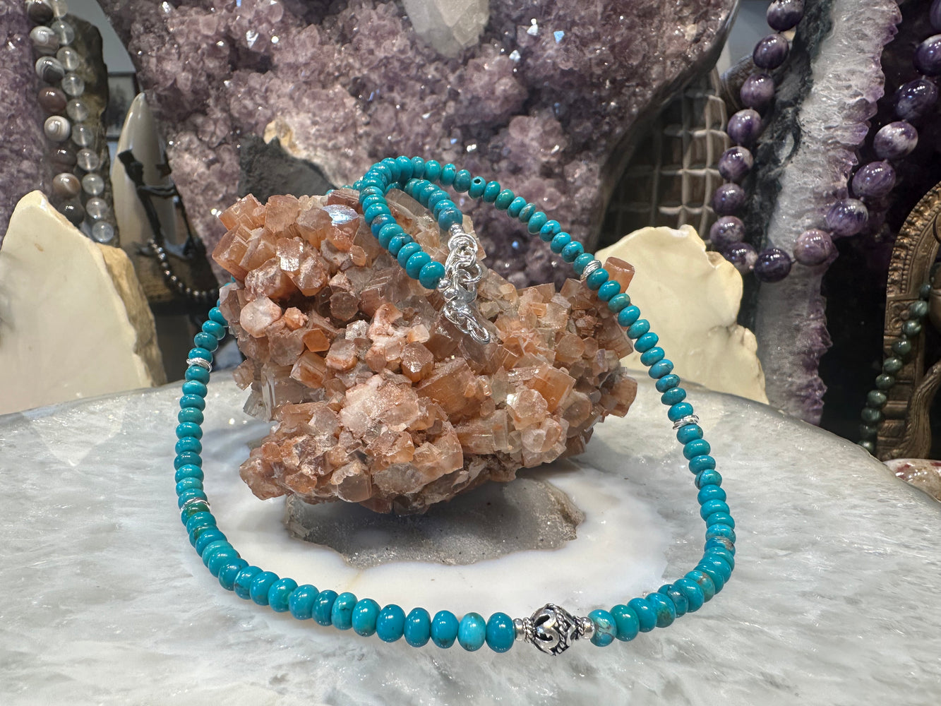 Beautiful Natural Turquoise Rondelle Gemstone Necklace with Sterling Beads