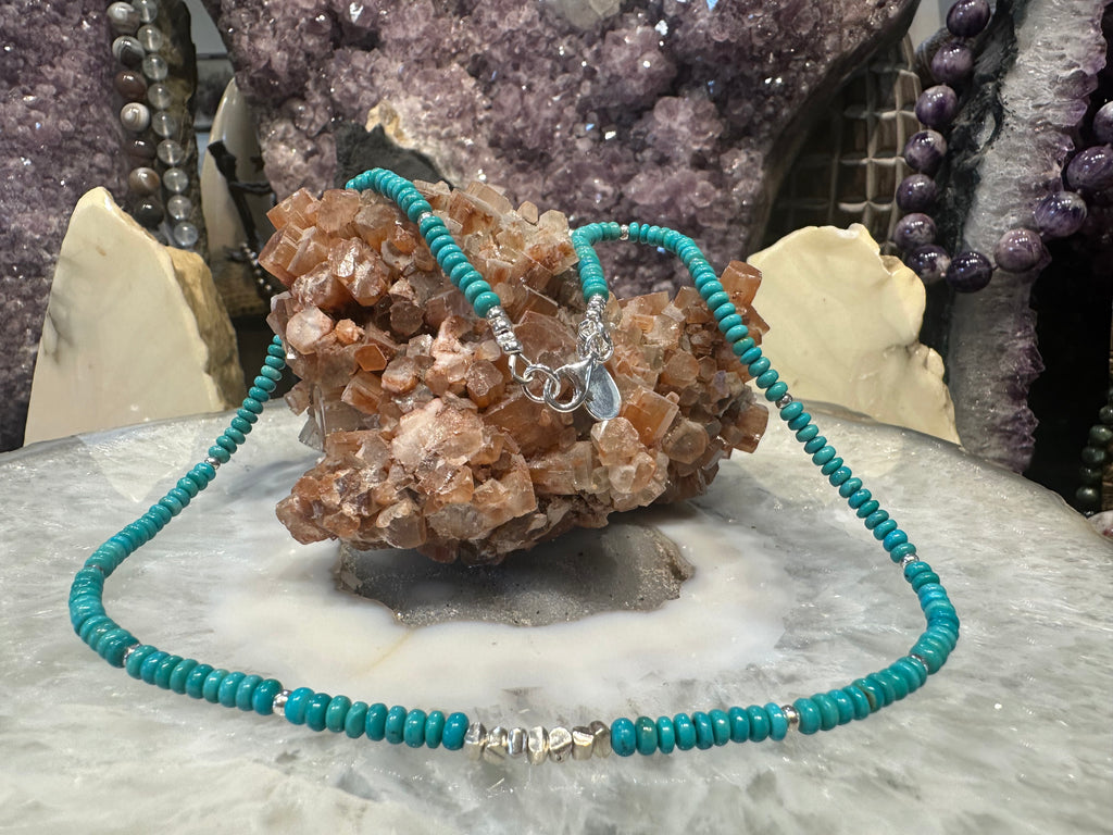 Beautiful Natural Turquoise Rondelle Gemstone Necklace with Sterling Beads