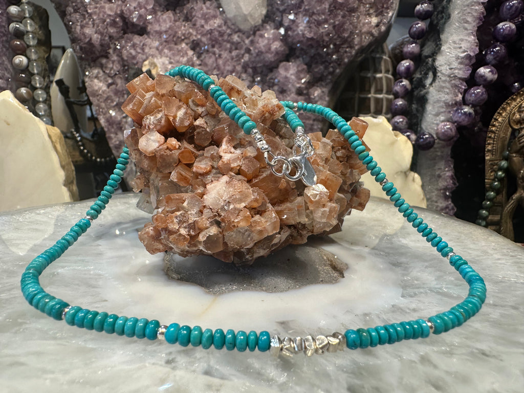 Beautiful Natural Turquoise Rondelle Gemstone Necklace with Sterling Beads