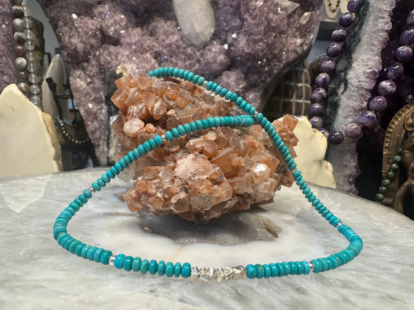 Beautiful Natural Turquoise Rondelle Gemstone Necklace with Sterling Beads