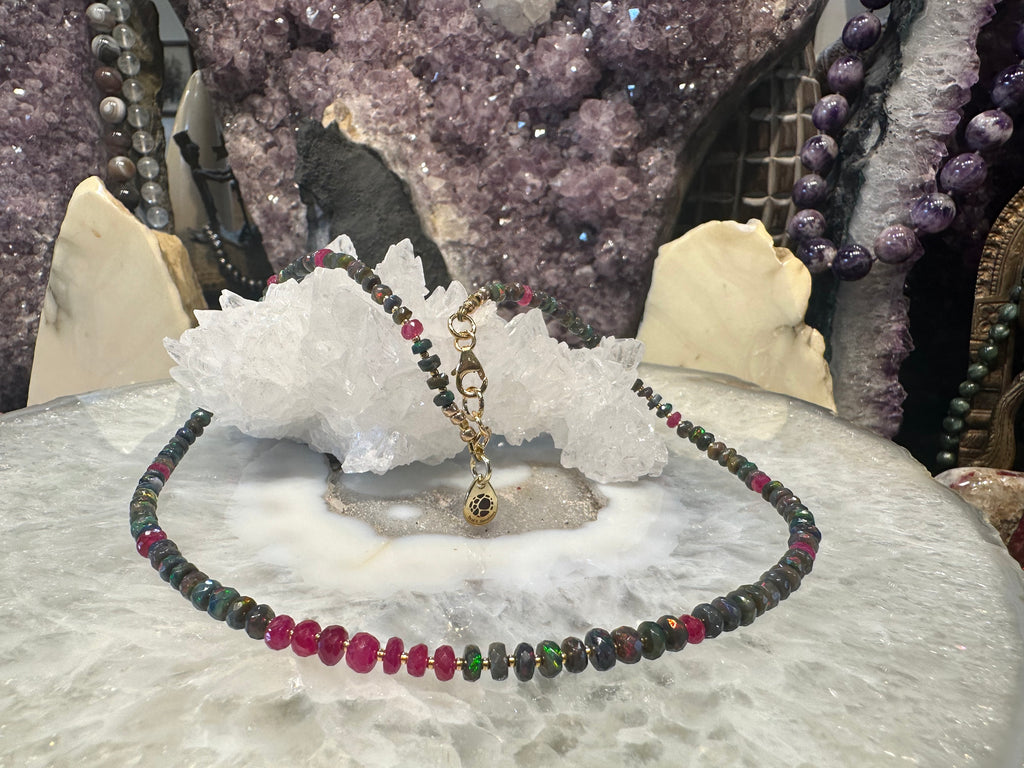 Natural Black Opal & Pink Sapphire Faceted Gemstone Beads Necklace