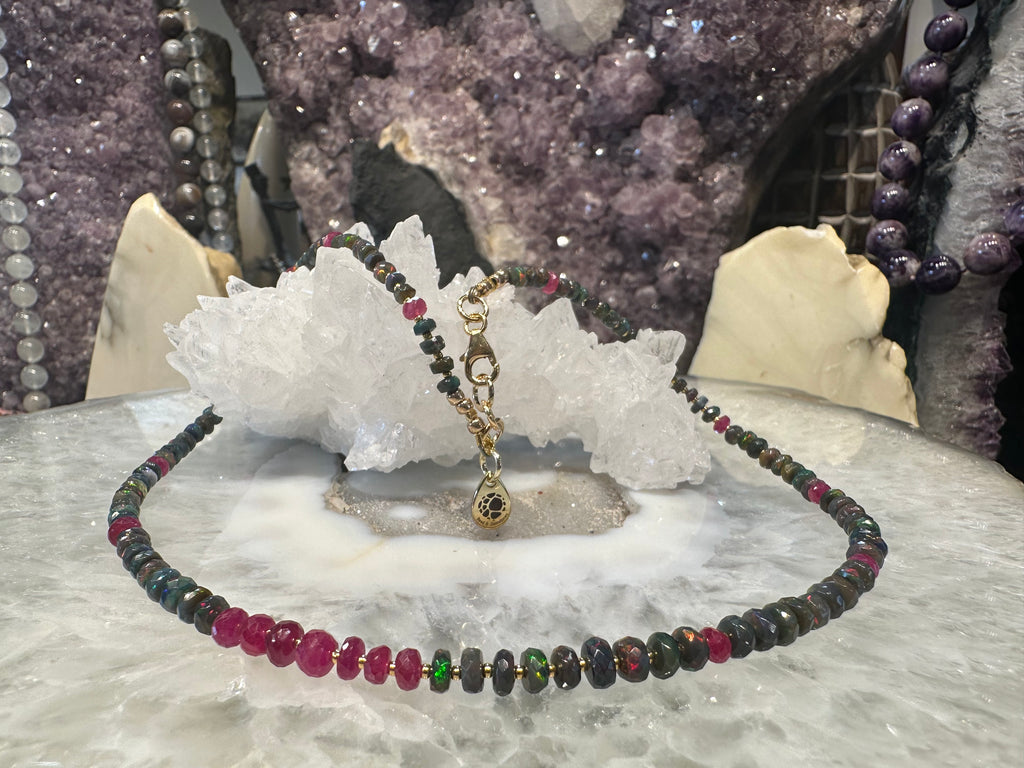 Natural Black Opal & Pink Sapphire Faceted Gemstone Beads Necklace