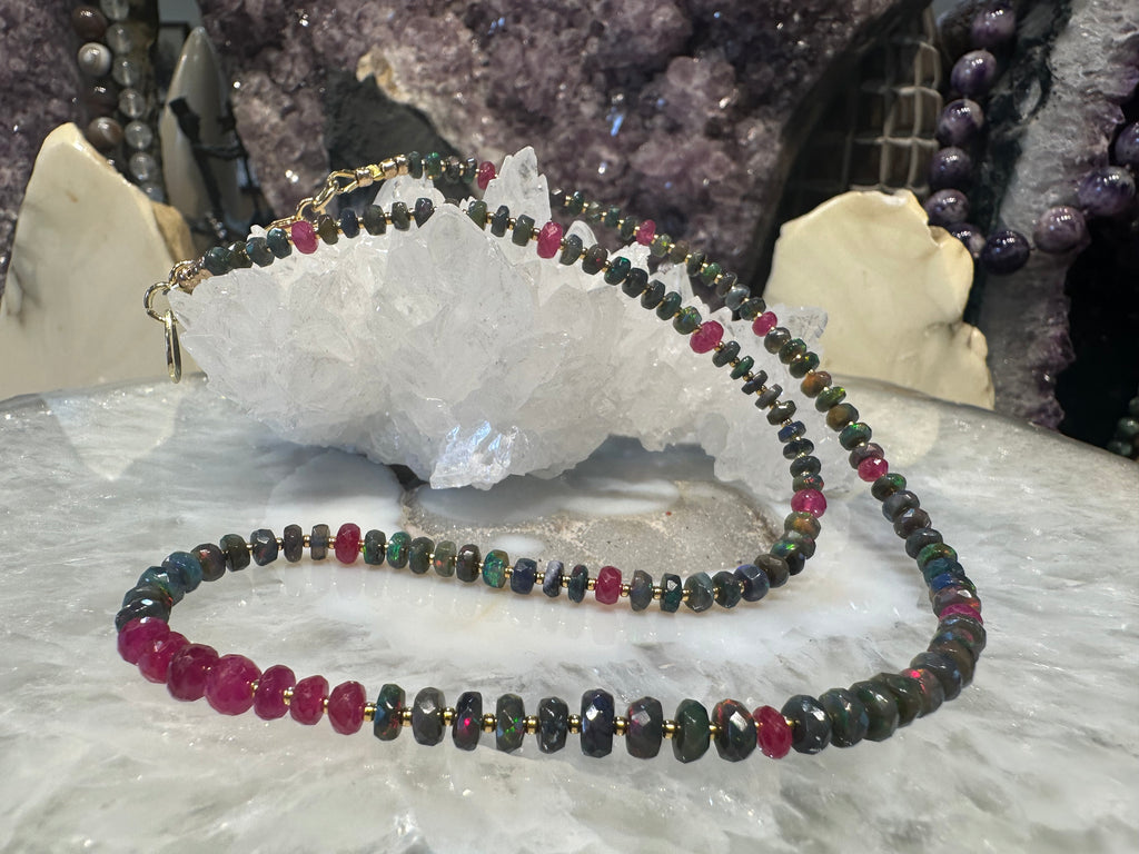 Natural Black Opal & Pink Sapphire Faceted Gemstone Beads Necklace