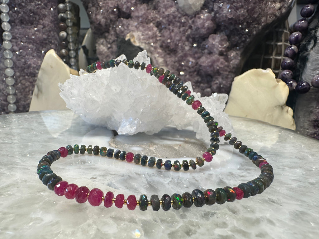 Natural Black Opal & Pink Sapphire Faceted Gemstone Beads Necklace