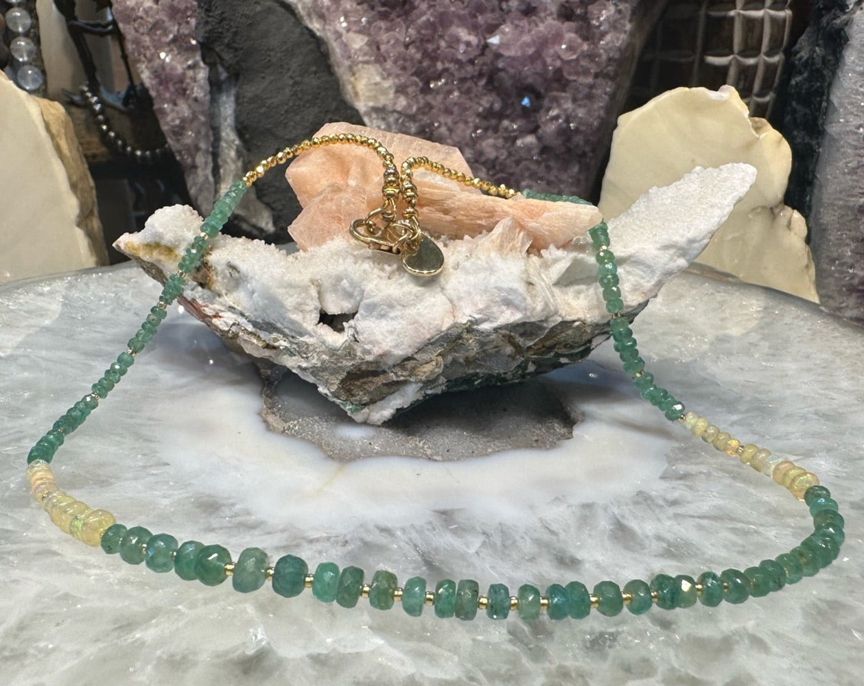 Natural Faceted Green Emerald & Welo Opals Gemstone Necklace