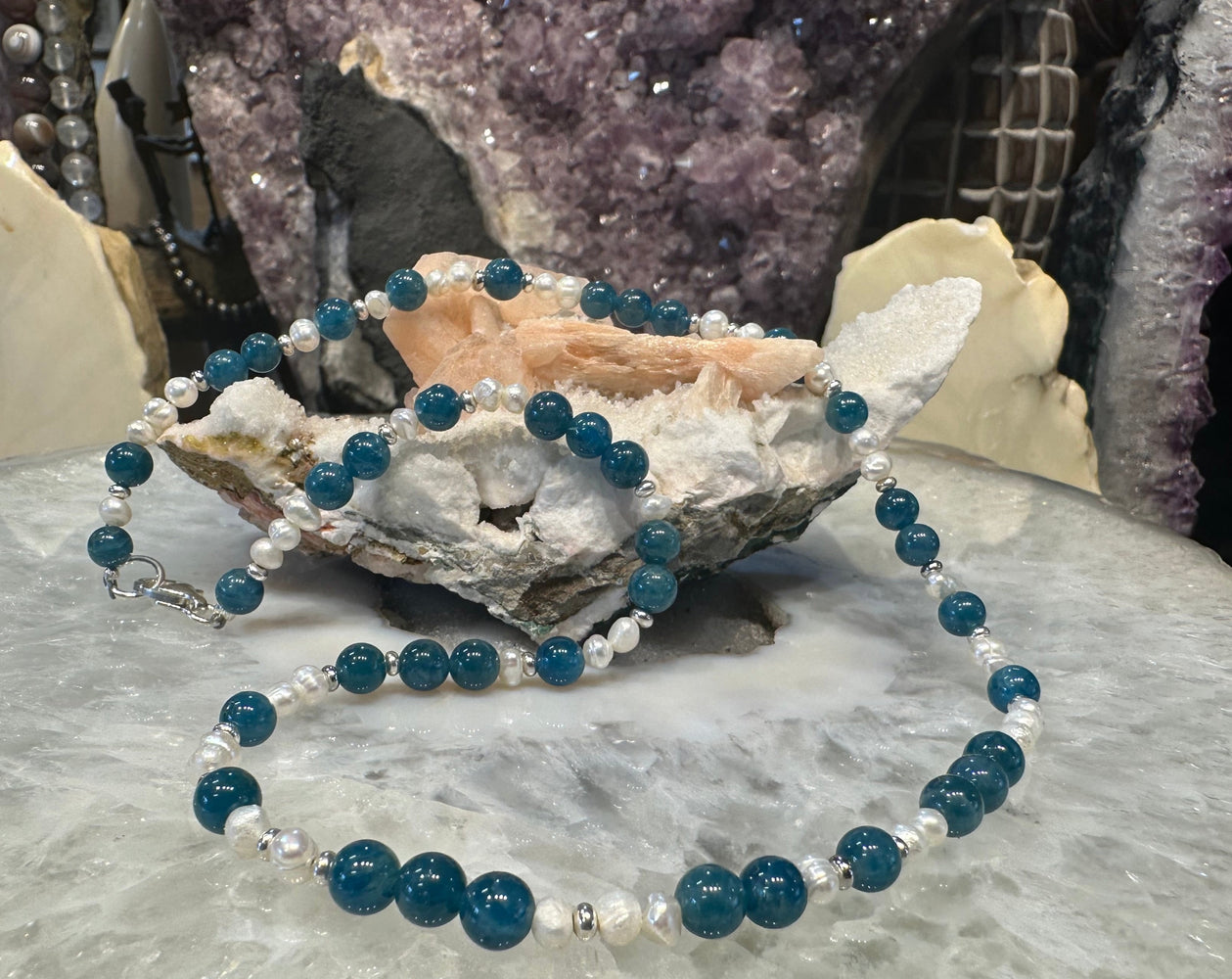 Natural Neon Apatite Round Gemstone Necklace with Pearls