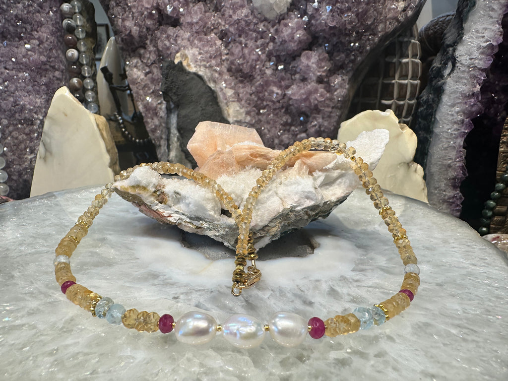 Sparkling Citrine, Pink Sapphire, Aquamarine & Freshwater Pearl Necklace