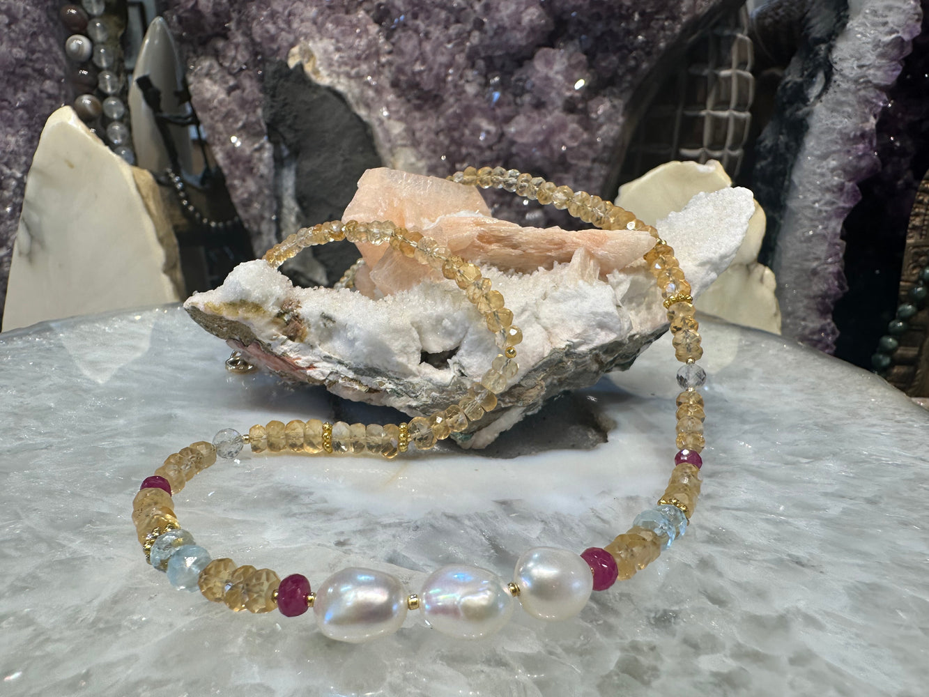 Sparkling Citrine, Pink Sapphire, Aquamarine & Freshwater Pearl Necklace