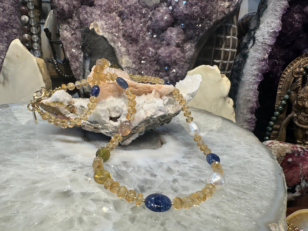 Gorgeous citrine & multicolor blue and yellow sapphire gemstone necklace