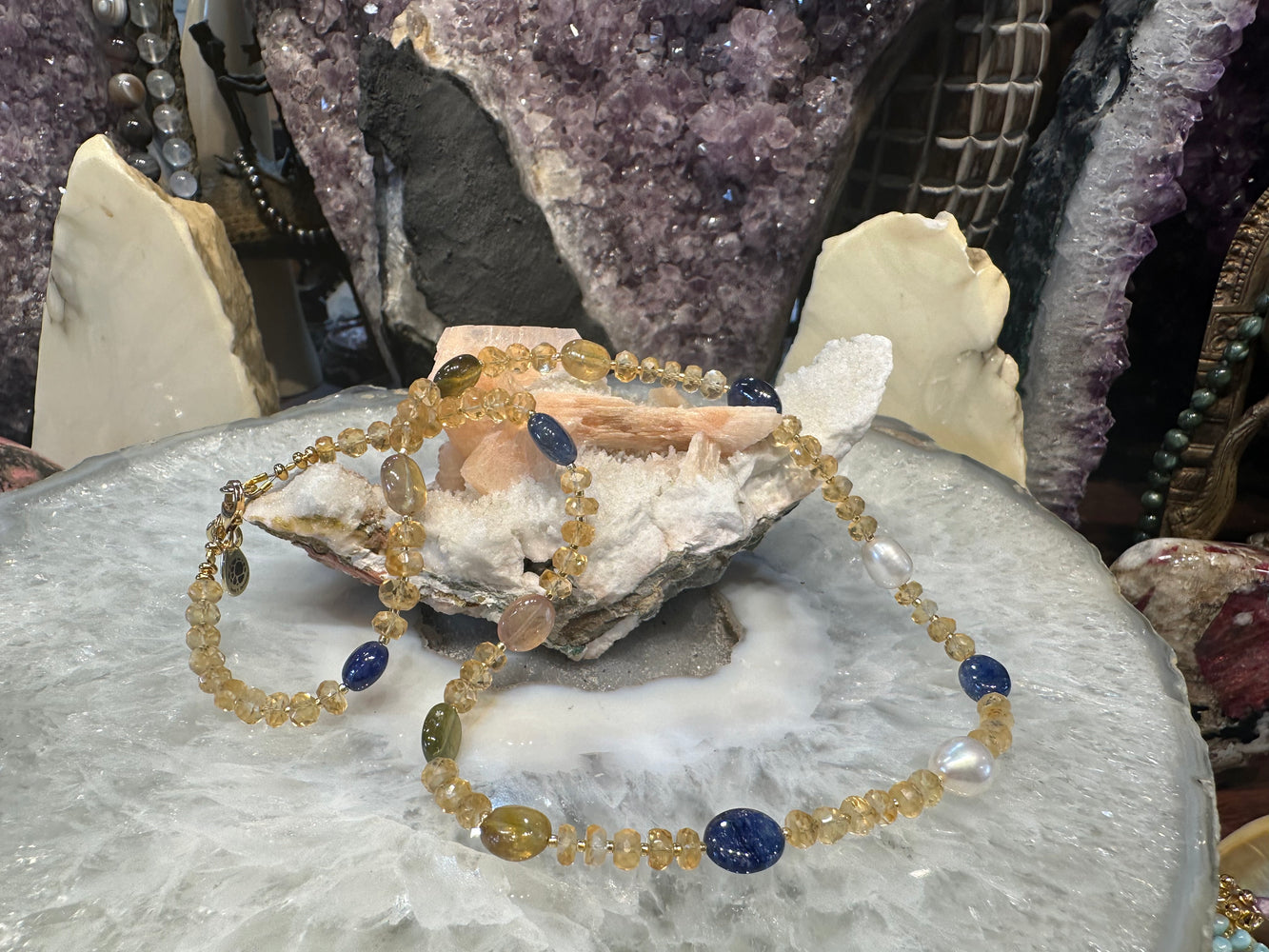 Gorgeous citrine & multicolor blue and yellow sapphire gemstone necklace