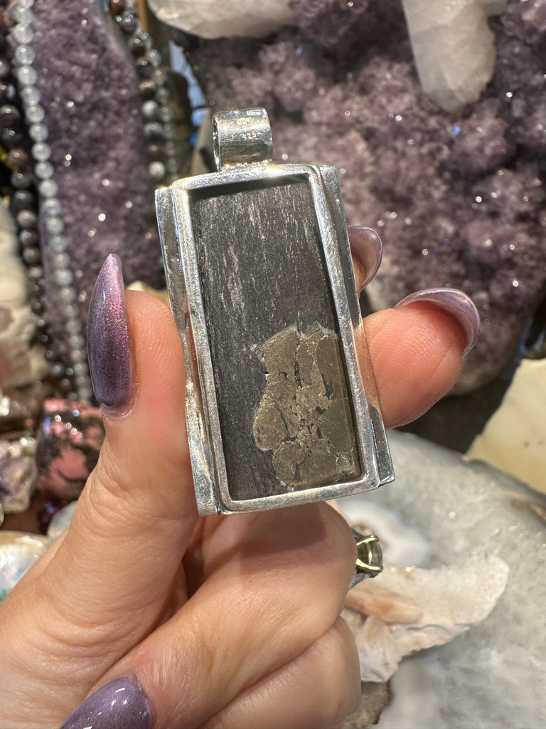 Stunning Black Slate with Pyrite sterling silver gemstone pendant