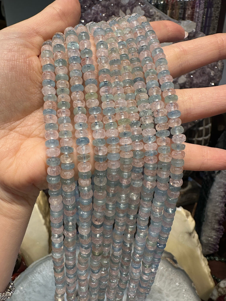 3A+ 6mm Blue Aquamarine Pink Morganite Beryl Smooth Rondelle Gemstone Beads