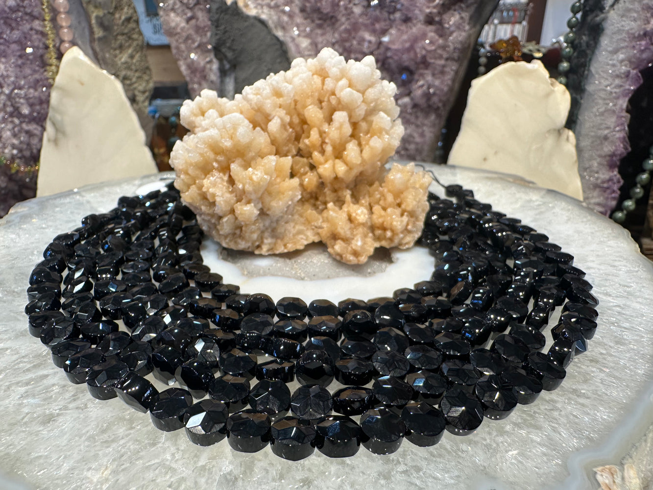 Black agate faceted coin 8mm gemstone beads