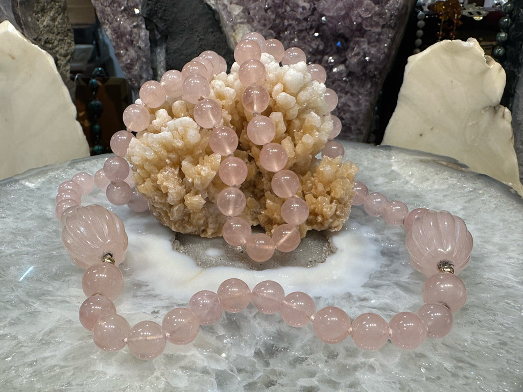 Exquisite Old Vintage Rose Quartz Gemstone Necklace with 14K Gold Spacers