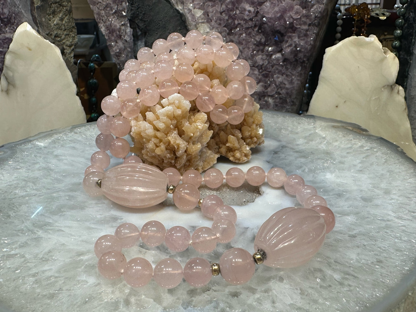 Exquisite Old Vintage Rose Quartz Gemstone Necklace with 14K Gold Spacers