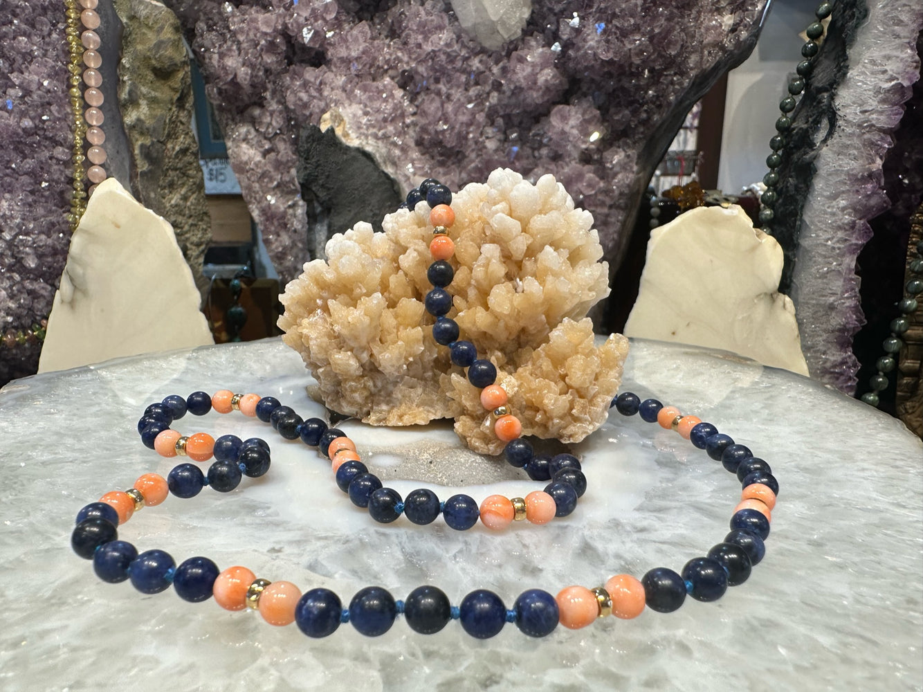 Stunning vintage Blue Sodalite & Angelskin Coral Necklace with 14K Gold Spacers